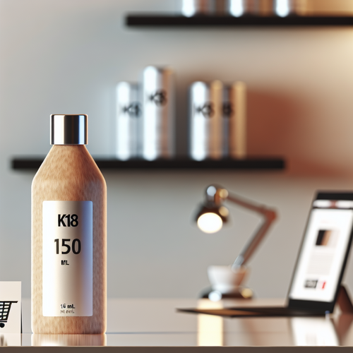 K18 маска 150 мл на полке с ценником и размытым ноутбуком