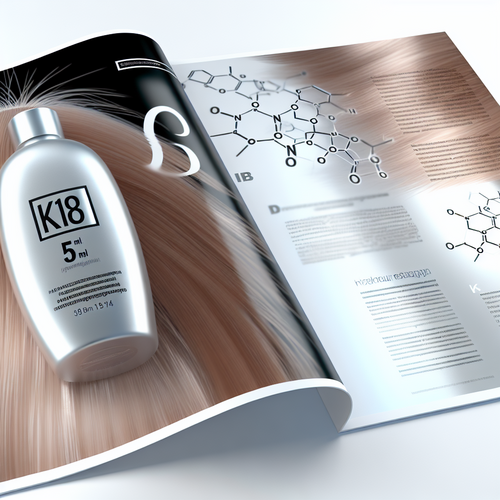 Крупный план: флакон K18 5 мл, пряди волос и молекулярные схемы на белом фоне