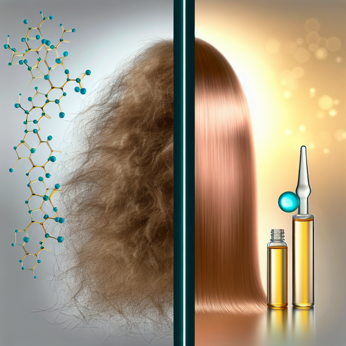 До/после: тусклые волосы слева, блестящие восстановленные справа, молекула и флакон K18
