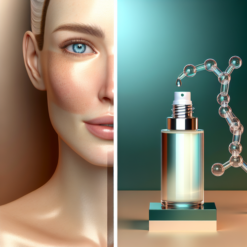 Крупный план: до/после восстановления волос с флаконом и молекулярным намёком