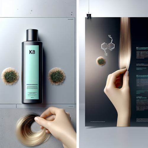 Флаконы K18 и Olaplex рядом, восстановленные пряди волос, редакционная обложка