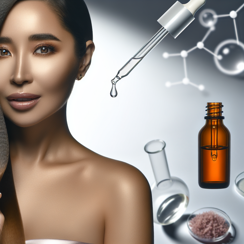 Женщина с длинными блестящими волосами и флакон с надписью «аналог K18», лабораторные элементы на заднем плане