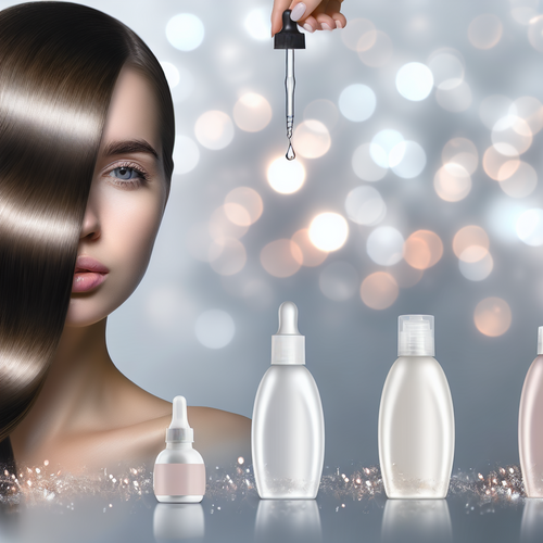 Женщина с разными типами волос и безлоготиповыми флаконами на чистом фоне