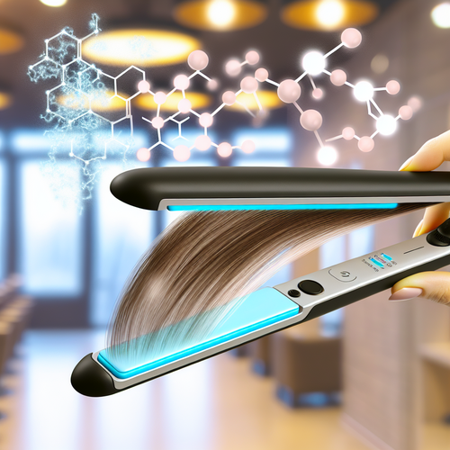 Ультразвуковой утюжок над прядью волос «до» и «после» с молекулярной схемой