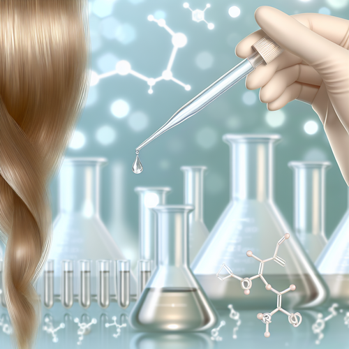 Блестящие здоровые волосы с лабораторными колбами и полупрозрачной молекулярной графикой