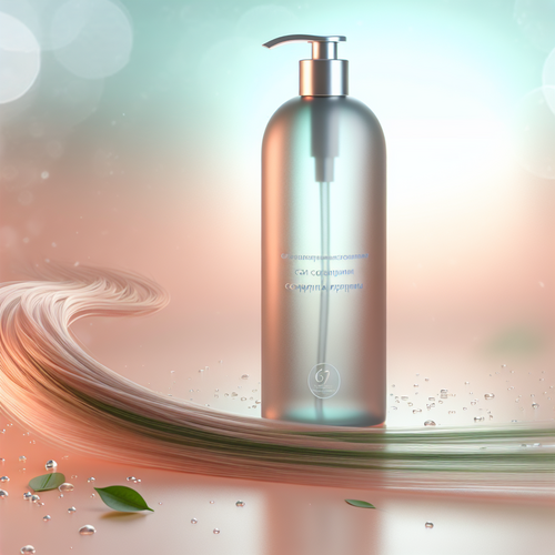Close-up shiny hair strands and minimalistic collagen fluid bottle on pastel background