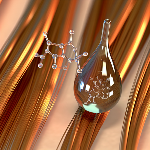 Крупный план волос с каплей серума и молекулярной сеткой