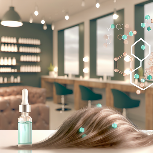 Обложка: блестящие волосы в салоне, молекулярные элементы и флакон сыворотки