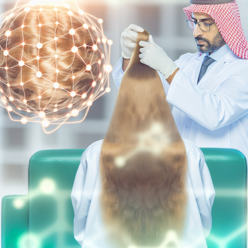 Трихолог в клинике осматривает блестящие волосы с молекулярным оверлеем.