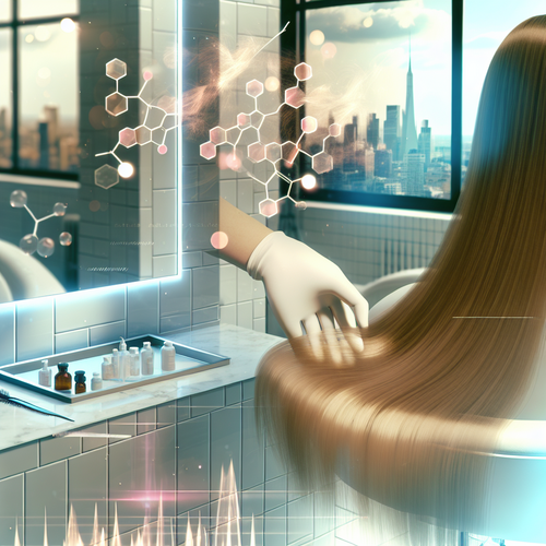 Блестящие волосы в салоне с молекулярной графикой и силуэтами Москвы и СПб