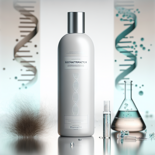 Бутылка шампуня Reconstructor, молекула на фоне и восстановленные здоровые волосы