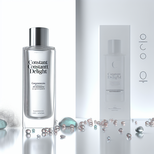 Elegant Constant Delight bottle with subtle before/after glossy hair swatches on white
