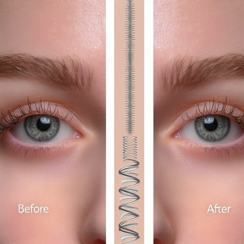 Крупный план глаз с до/после восстановления ресниц и молекулярной графикой