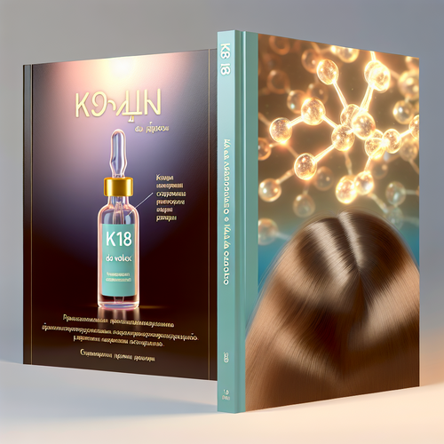 Ампула K18 и восстановленные волосы, рядом стилизованная молекула пептида.
