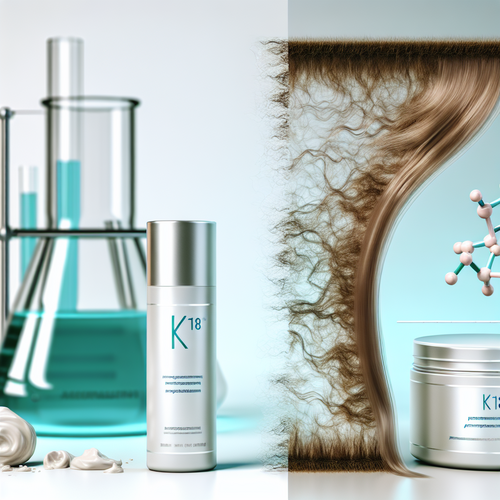 До/после прядь волос, флакон K18 и молекула восстановления