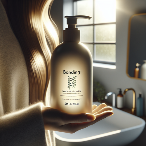 Женщина с блестящими волосами держит Bonding C78 Hair Mask на мраморной столешнице