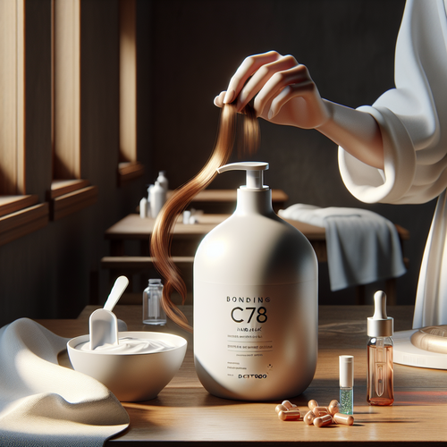 Стилист держит Bonding C78 Hair Mask у блестящих, восстановленных волос в SPA.