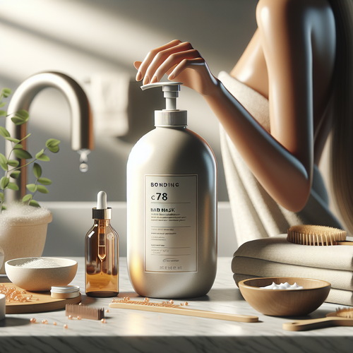 Рука держит Bonding C78 Hair Mask на мраморной столешнице, рядом предметы ухода