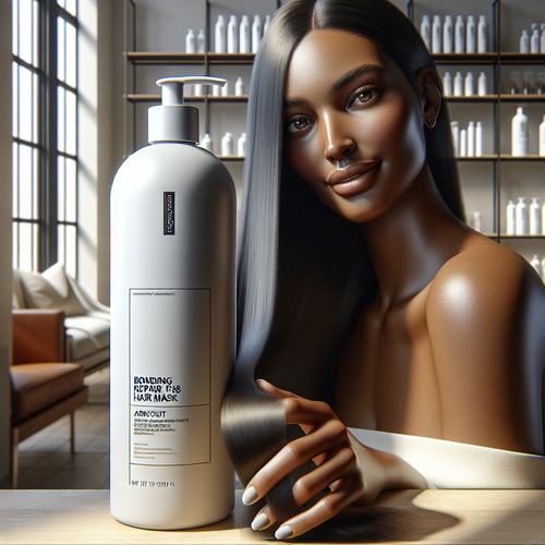Женщина в салоне держит Bonding C78 Hair Mask, её блестящие восстановленные волосы