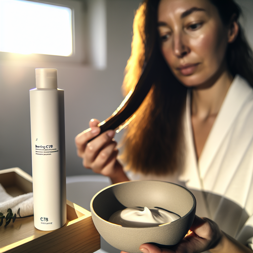 Рука держит Bonding C78 Hair Mask на фоне сияющих восстановленных волос.