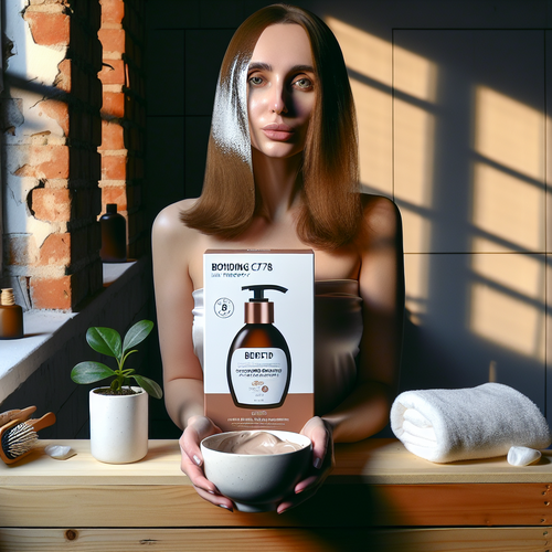 Женщина с блестящими волосами держит флакон Bonding C78 на столе