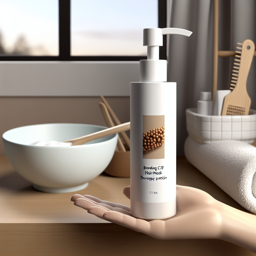 Рука держит Bonding C78 Hair Mask на столике в мягком дневном свете