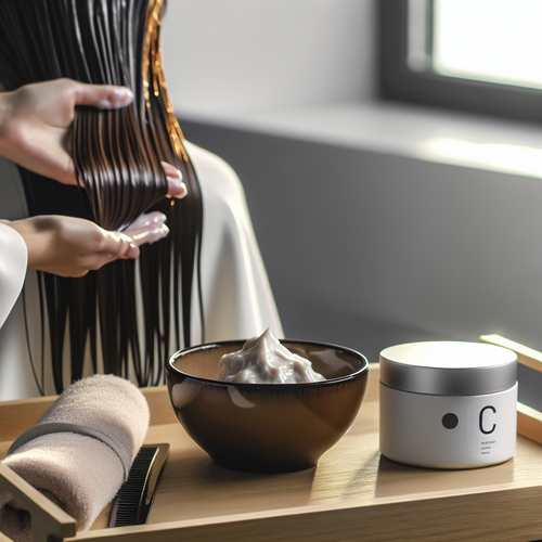 Стилист наносит восстанавливающую маску, рядом флакон Bonding C78 Hair Mask.