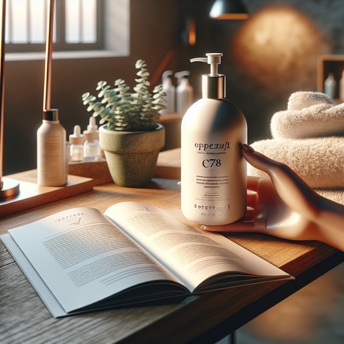 Флакон Bonding C78 в руке на салонном столе, фон — ухоженные волосы и буклет Lebel