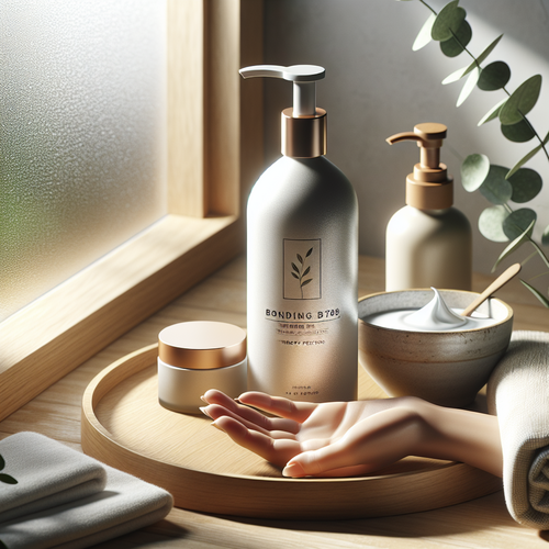 Флаконы Lebel и Bonding C78 Hair Mask на деревянной подставке при мягком естественном свете