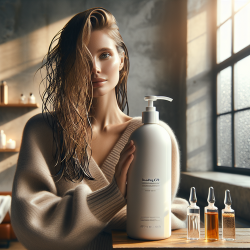 Женщина держит Bonding C78 Hair Mask в салоне, фокус на бутылке и волосах