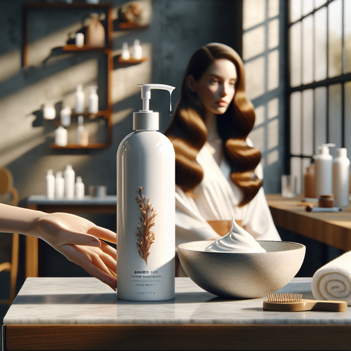 Флакон Bonding C78 в руке на фоне блестящих восстановленных волосы