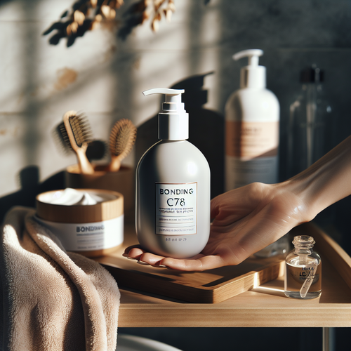 Sunlit close-up: hand holding Bonding C78 Hair Mask bottle during home hair treatment