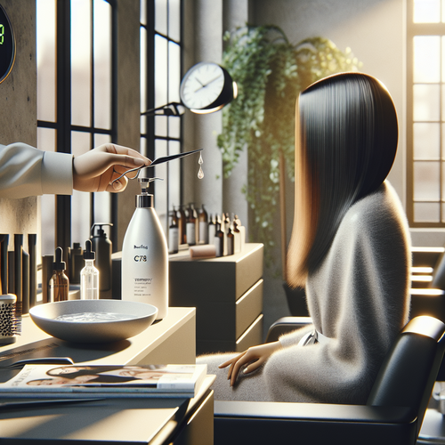 Мастер держит Bonding C78 Hair Mask у волос клиентки в светлом салоне