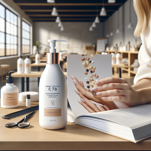 Преподаватель держит Bonding C78 Hair Mask в учебной студии курсов «Счастье для волос»