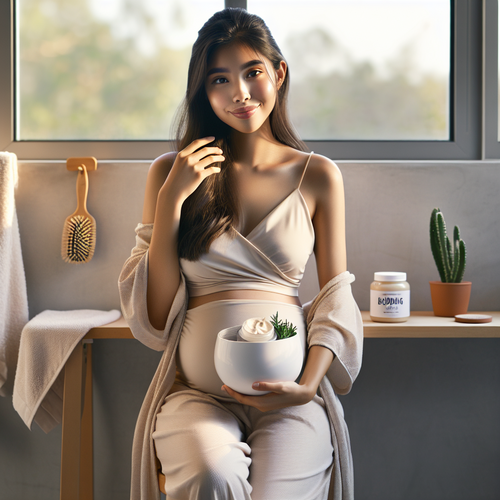 Беременная держит Bonding C78 Hair Mask в светлой ванной