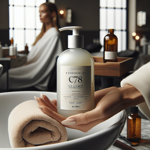 Стилист держит Bonding C78 Hair Mask над влажными волосами клиентки в естественном свете